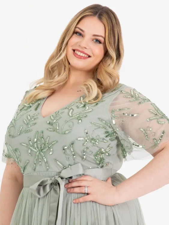 Maya Plus Size Sage Green Floral Embellished Maxi Dress with Sash Belt