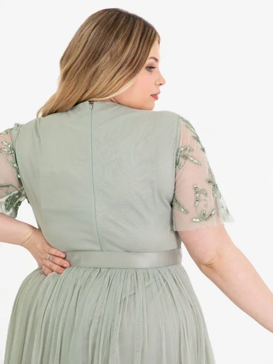 Maya Plus Size Sage Green Floral Embellished Maxi Dress with Sash Belt