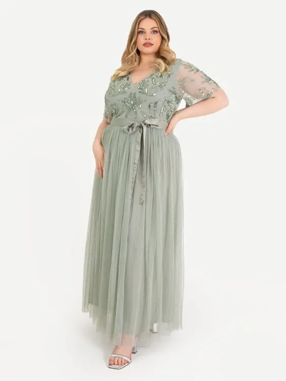 Maya Plus Size Sage Green Floral Embellished Maxi Dress with Sash Belt
