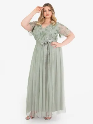 Maya Plus Size Sage Green Floral Embellished Maxi Dress with Sash Belt