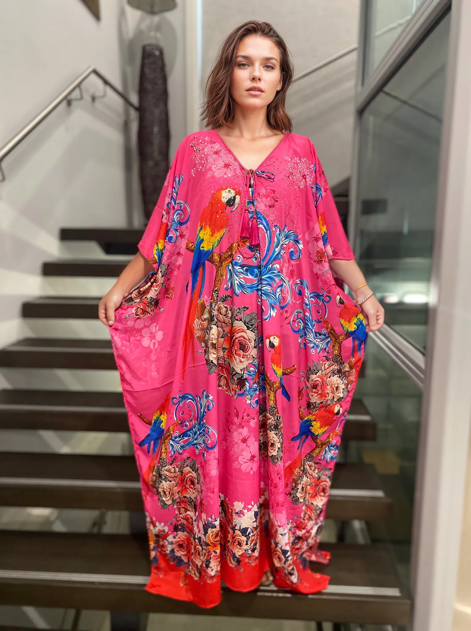 Maya Silk Mix Kaftan,Front tie with embellishments-Sizes AU 12-28