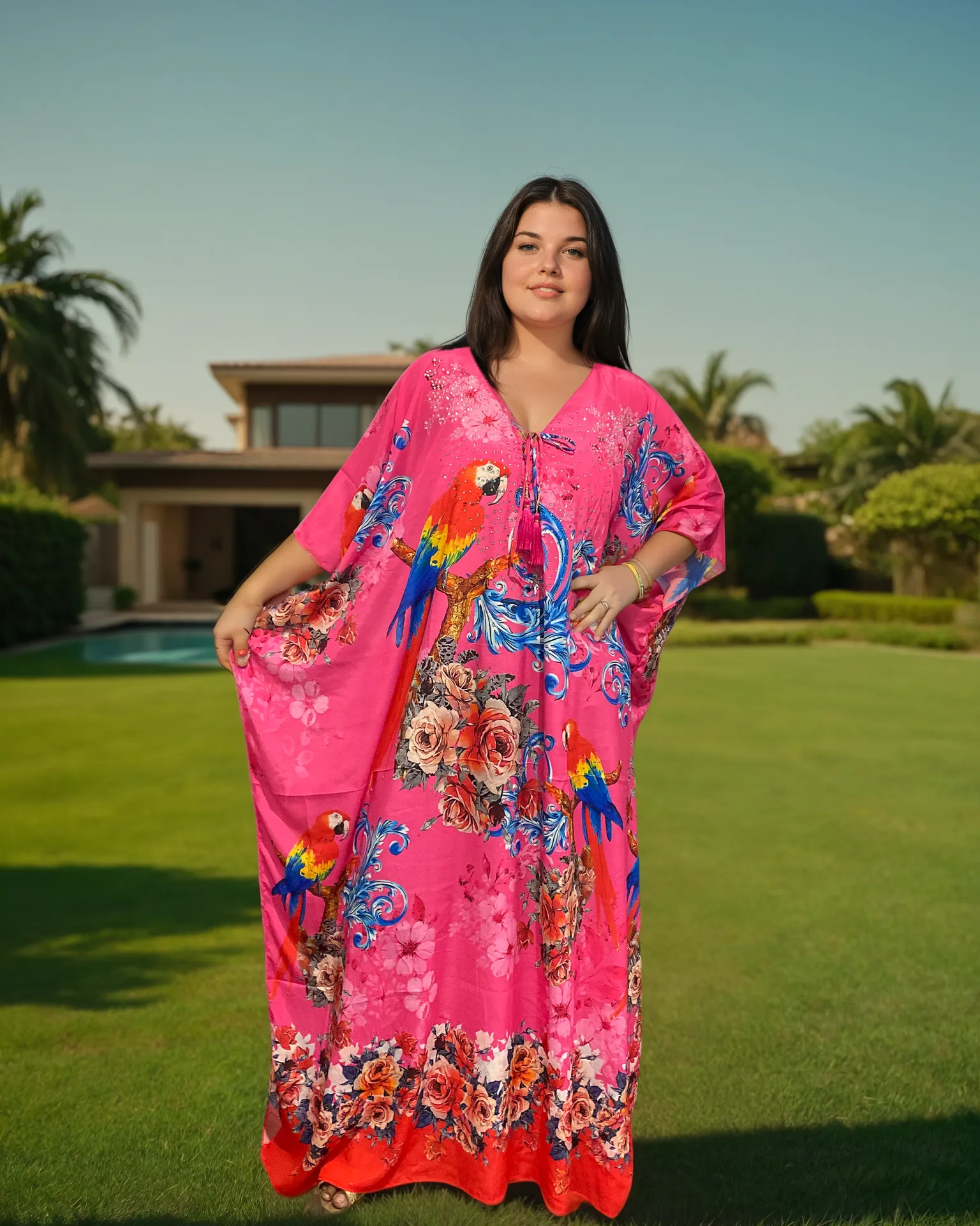 Maya Silk Mix Kaftan,Front tie with embellishments-Sizes AU 12-28