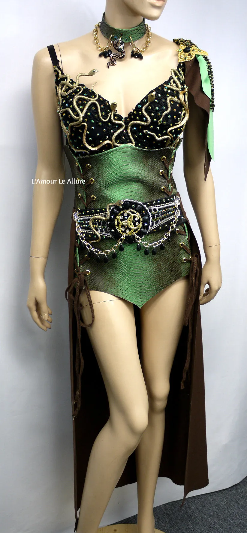 Medusa Snake Charmer Greek Goddess Necklace Bra Corset and Skirt Costume