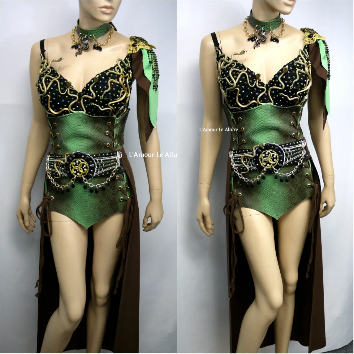 Medusa Snake Charmer Greek Goddess Necklace Bra Corset and Skirt Costume