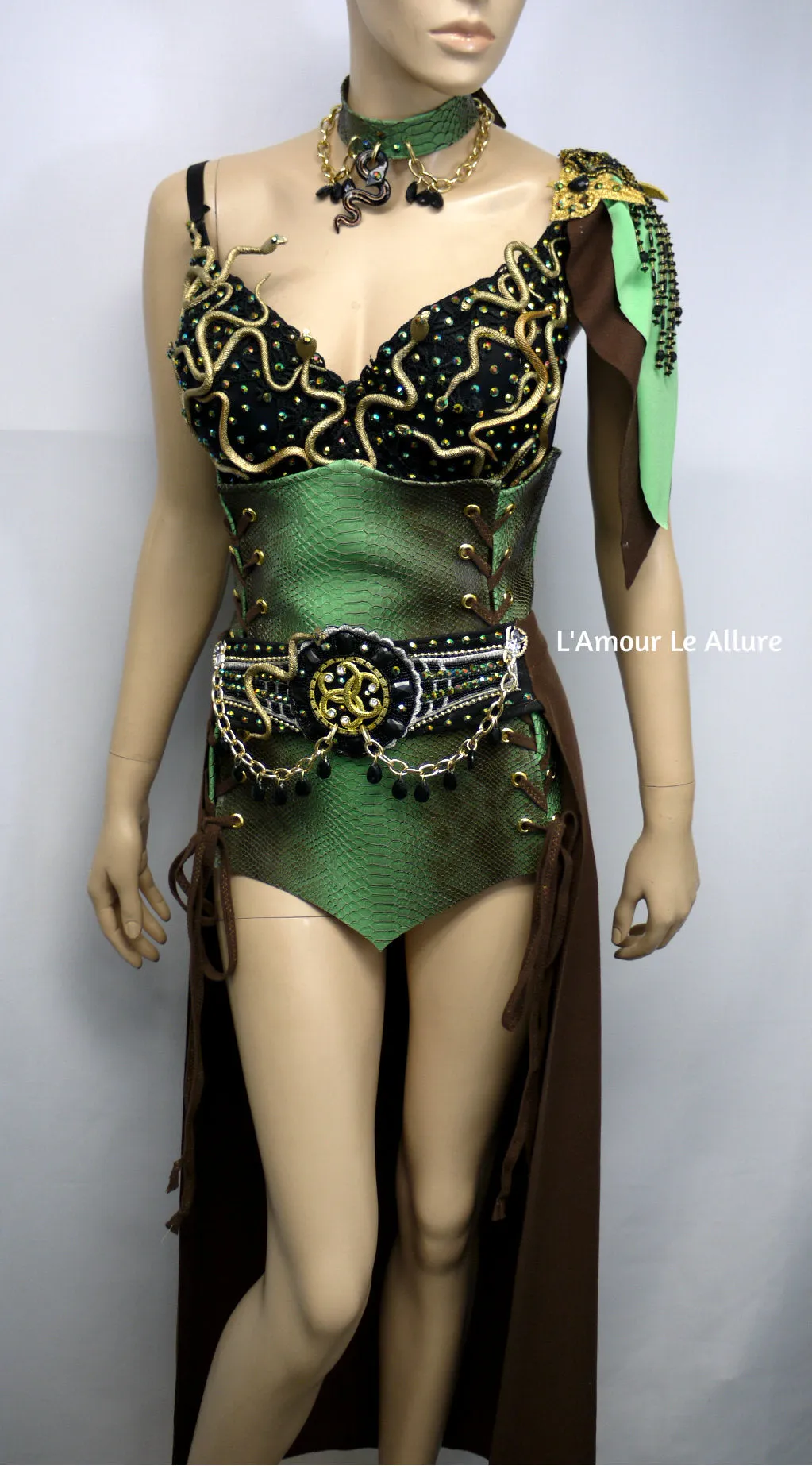 Medusa Snake Charmer Greek Goddess Necklace Bra Corset and Skirt Costume