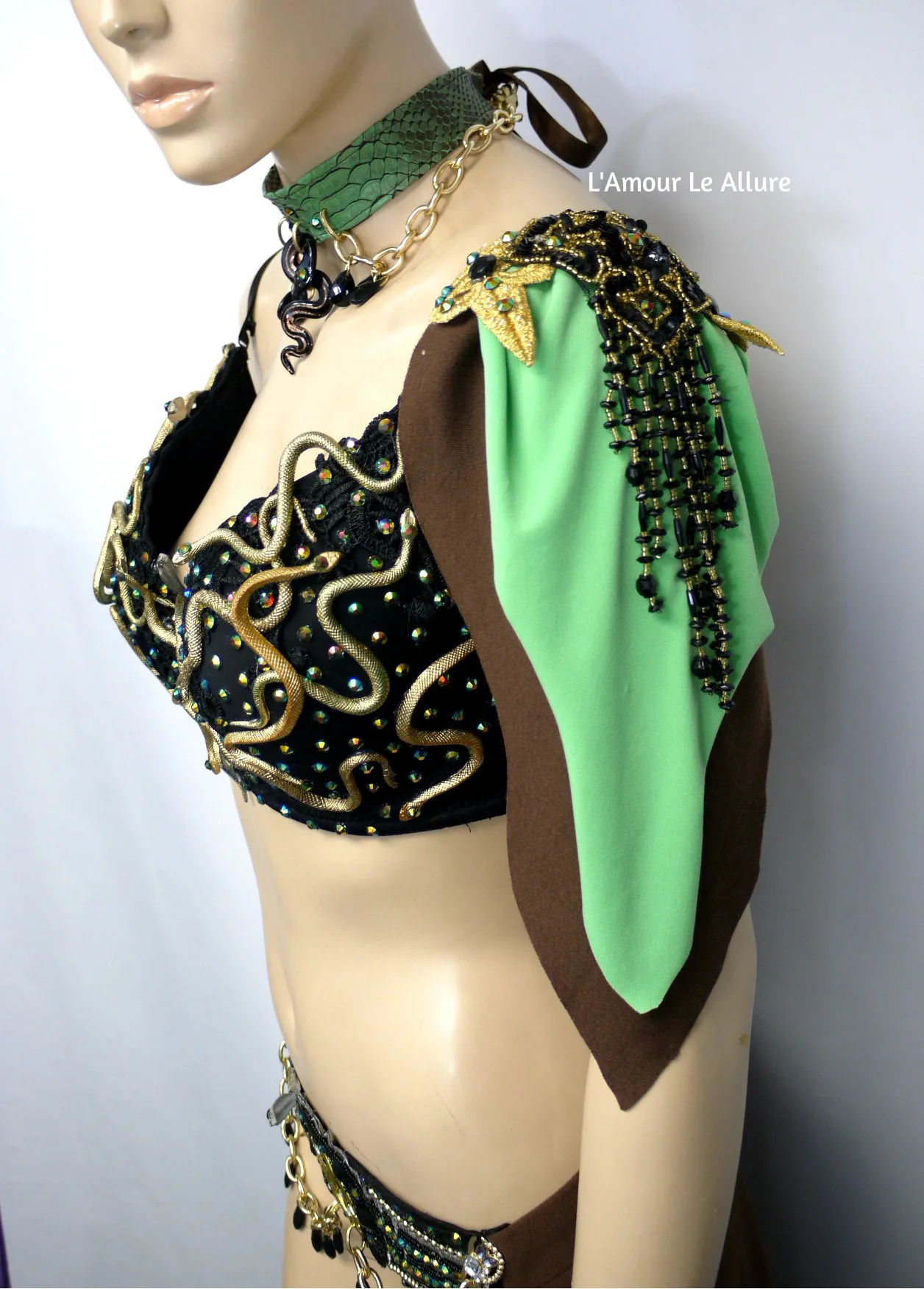 Medusa Snake Charmer Greek Goddess Necklace Bra Corset and Skirt Costume
