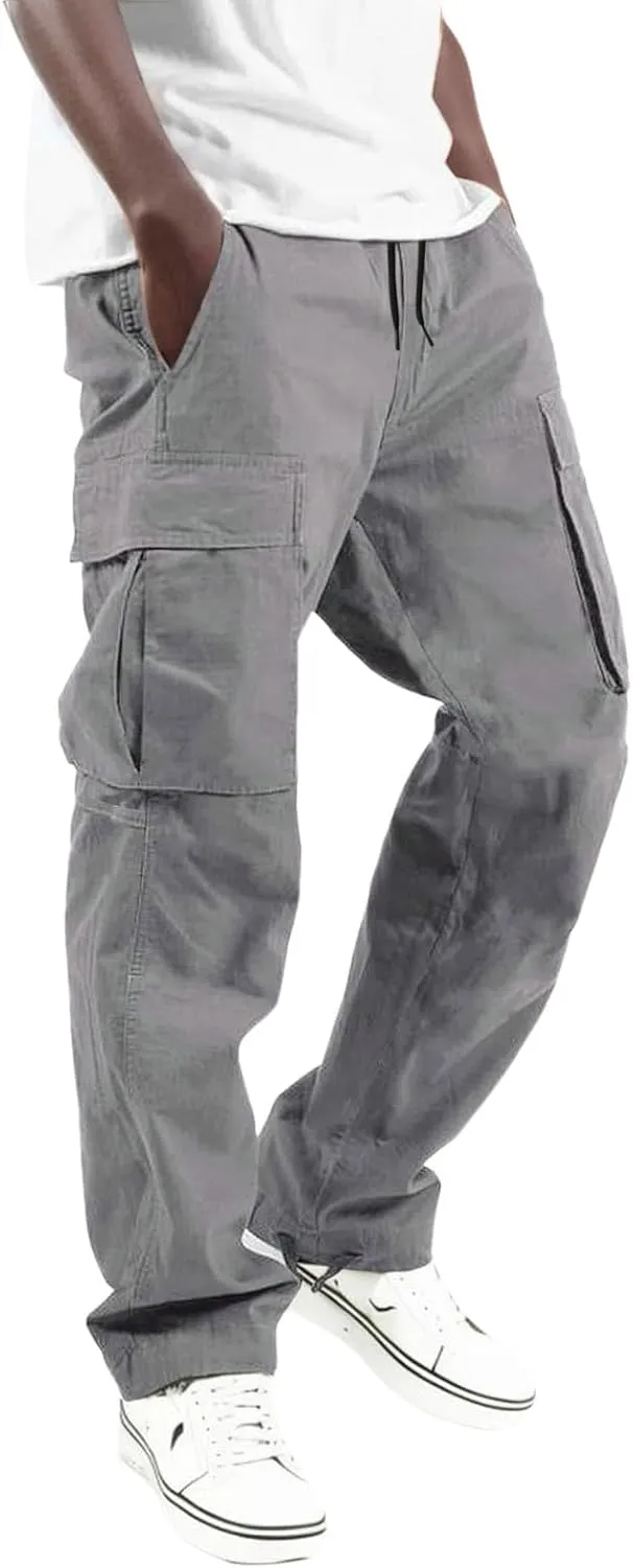 Men's Cargo Pants with Pockets Cotton Hiking Sweatpants Casual Athletic Jogger Sports Outdoor Trousers Relaxed Fit Men Pants