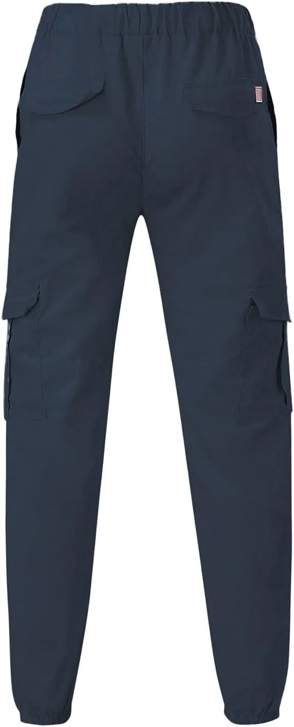 Mens Casual Cargo Pants Stretch Elastic Waist Drawstring Joggers Pants Tapered Sweatpants for Men Multi Pockets Cargo Pants