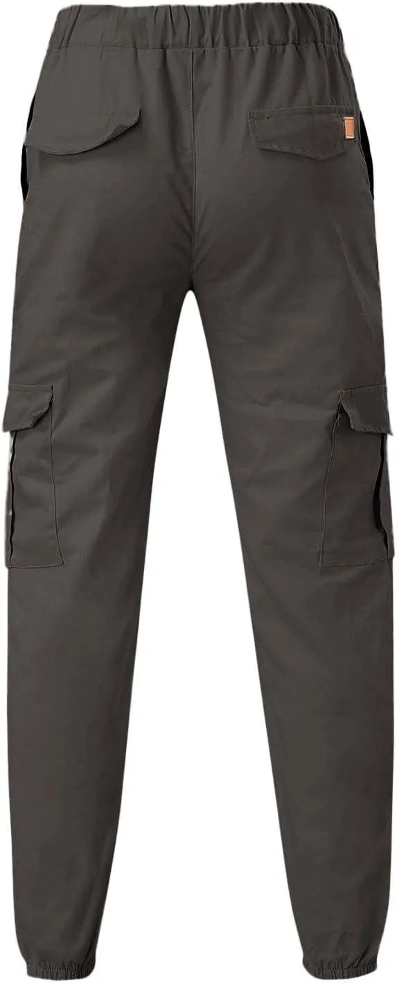 Mens Casual Cargo Pants Stretch Elastic Waist Drawstring Joggers Pants Tapered Sweatpants for Men Multi Pockets Cargo Pants