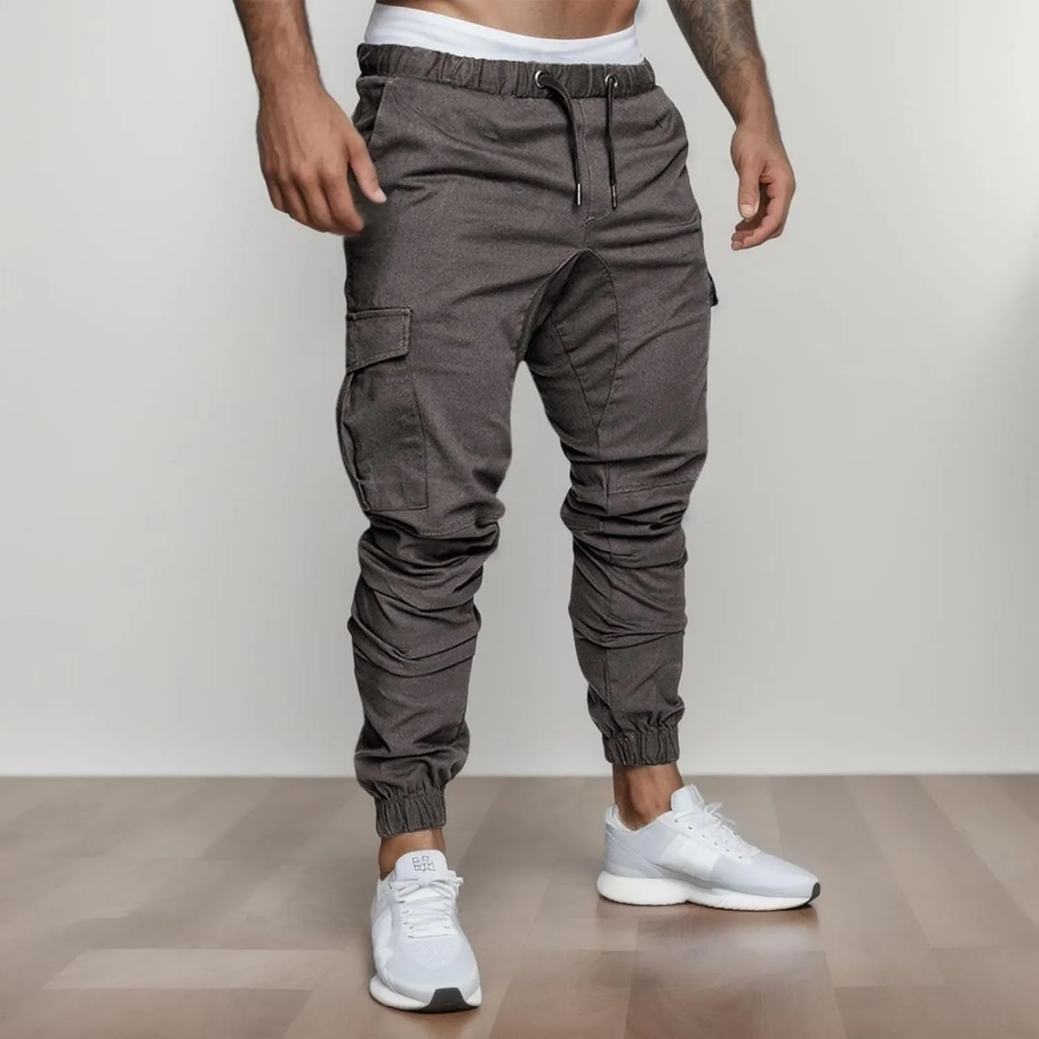 Mens Casual Cargo Pants Stretch Elastic Waist Drawstring Joggers Pants Tapered Sweatpants for Men Multi Pockets Cargo Pants