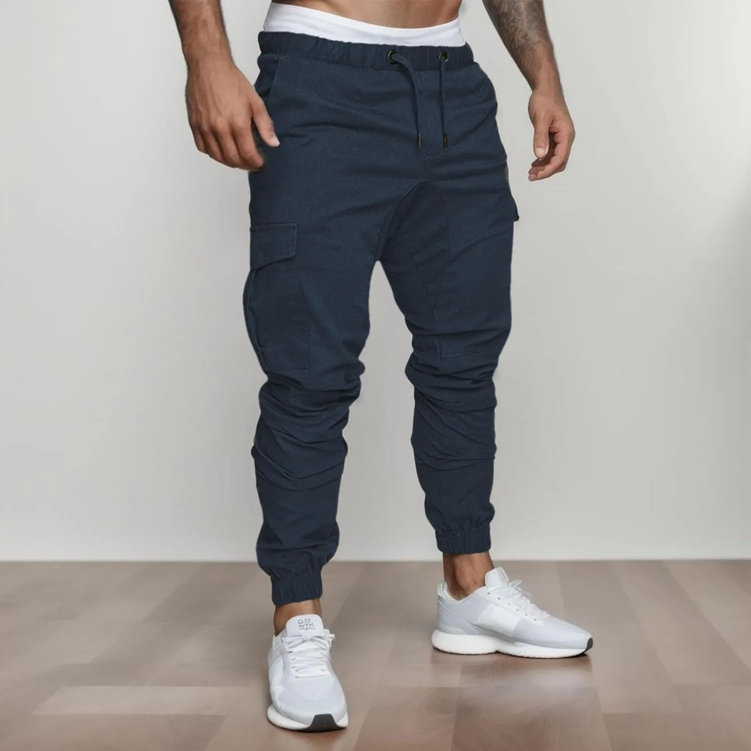Mens Casual Cargo Pants Stretch Elastic Waist Drawstring Joggers Pants Tapered Sweatpants for Men Multi Pockets Cargo Pants