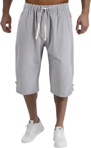 Mens Cotton Linen Capri Pants Light Loose 3/4 Long Shorts Elastic Waist Drawstring Harem Casual Beach Yoga Trousers Pants