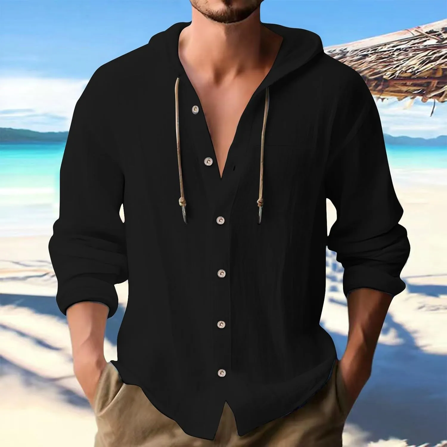 Men's Cotton Linen Hoodies Plus Size Loose Solid Color Hooded Sweatshirts Summer Casual Button Down Beach Swim Shirts