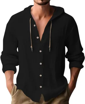 Men's Cotton Linen Hoodies Plus Size Loose Solid Color Hooded Sweatshirts Summer Casual Button Down Beach Swim Shirts
