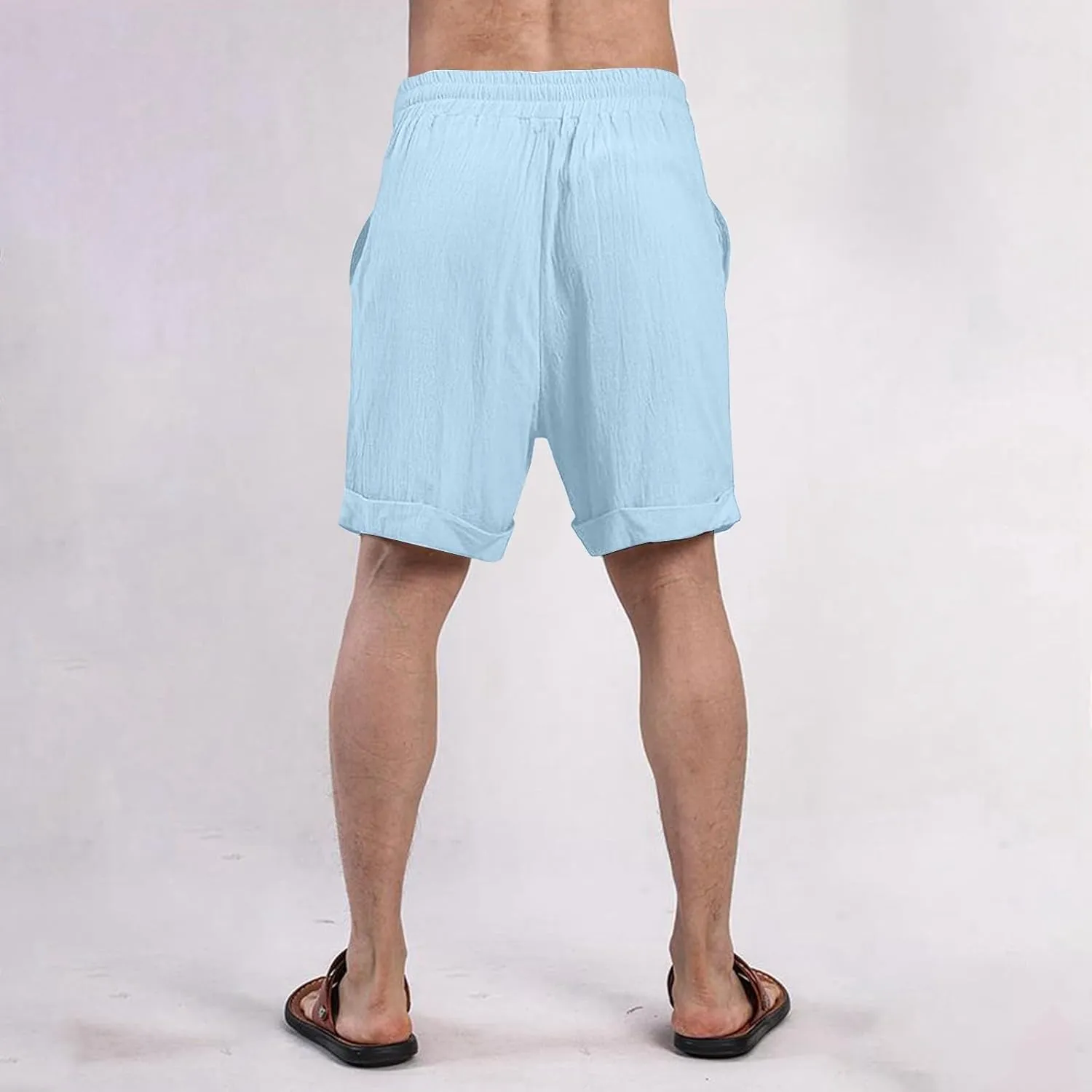 Mens Cotton Linen Shorts Knee Length Lightweight Breathable Elastic Waist Drawstring Casual Lounge Shorts
