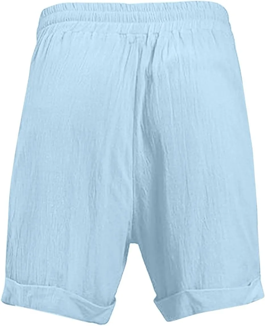 Mens Cotton Linen Shorts Knee Length Lightweight Breathable Elastic Waist Drawstring Casual Lounge Shorts