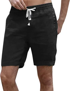 Men's Cotton Linen Shorts Summer Breathable Beach Vacation Lounge Shorts Lightweight Stretchy Loose-Fit Casual Short Black XL