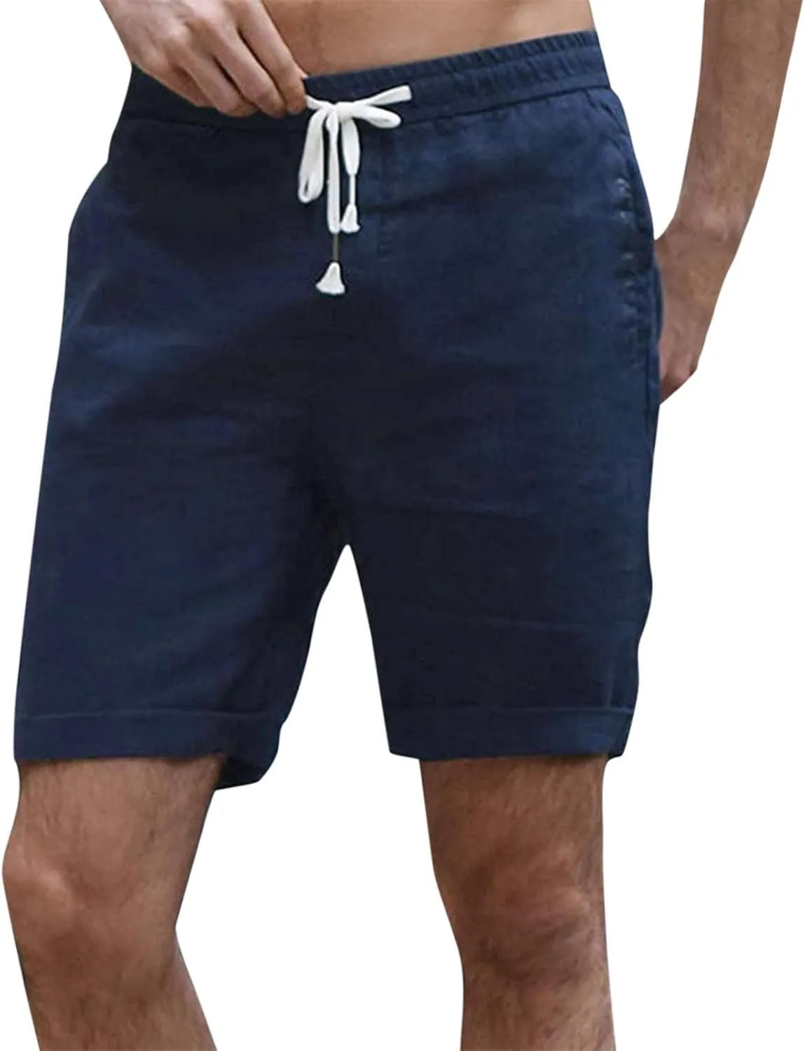 Men's Cotton Linen Shorts Summer Breathable Beach Vacation Lounge Shorts Lightweight Stretchy Loose-Fit Casual Short Navy XL
