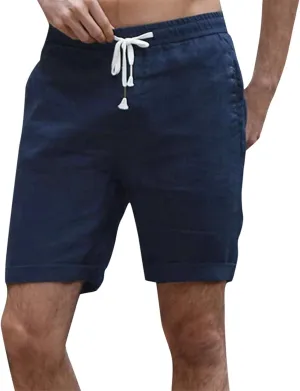Men's Cotton Linen Shorts Summer Breathable Beach Vacation Lounge Shorts Lightweight Stretchy Loose-Fit Casual Short Navy XL