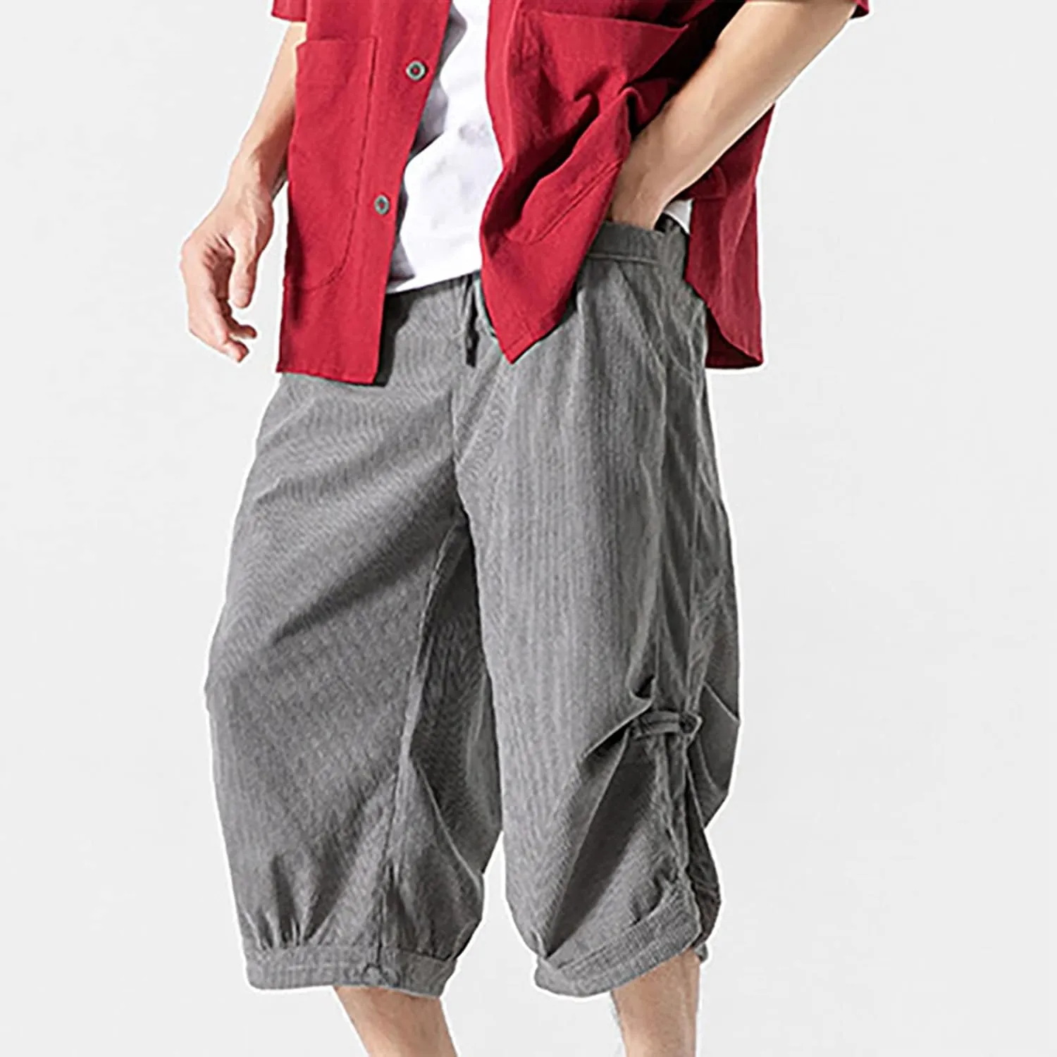 Mens Linen Casual Pants Elastic Waist Drawstring Trousers Yoga Beach Summer Pants below Knee Shorts Jogger Mens Capri Pants