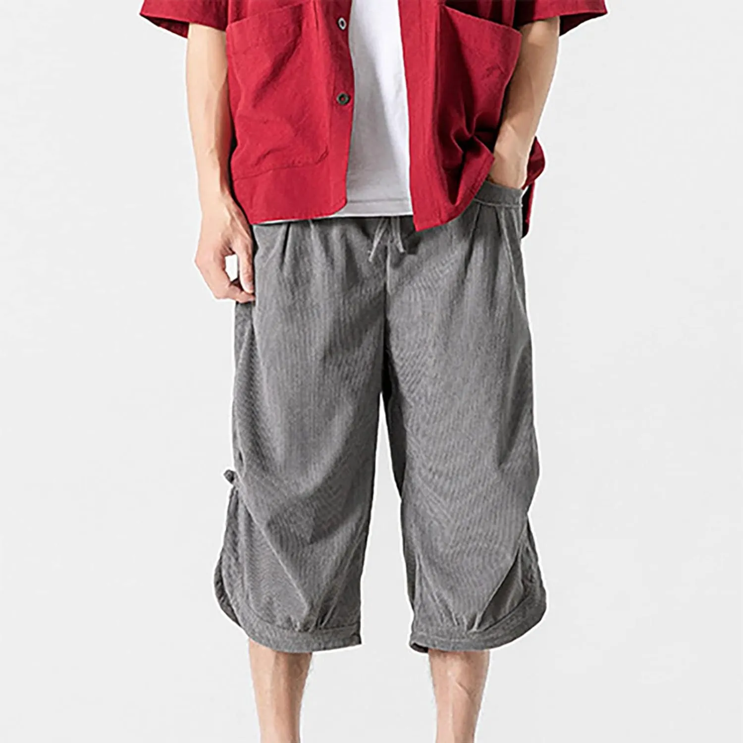 Mens Linen Casual Pants Elastic Waist Drawstring Trousers Yoga Beach Summer Pants below Knee Shorts Jogger Mens Capri Pants