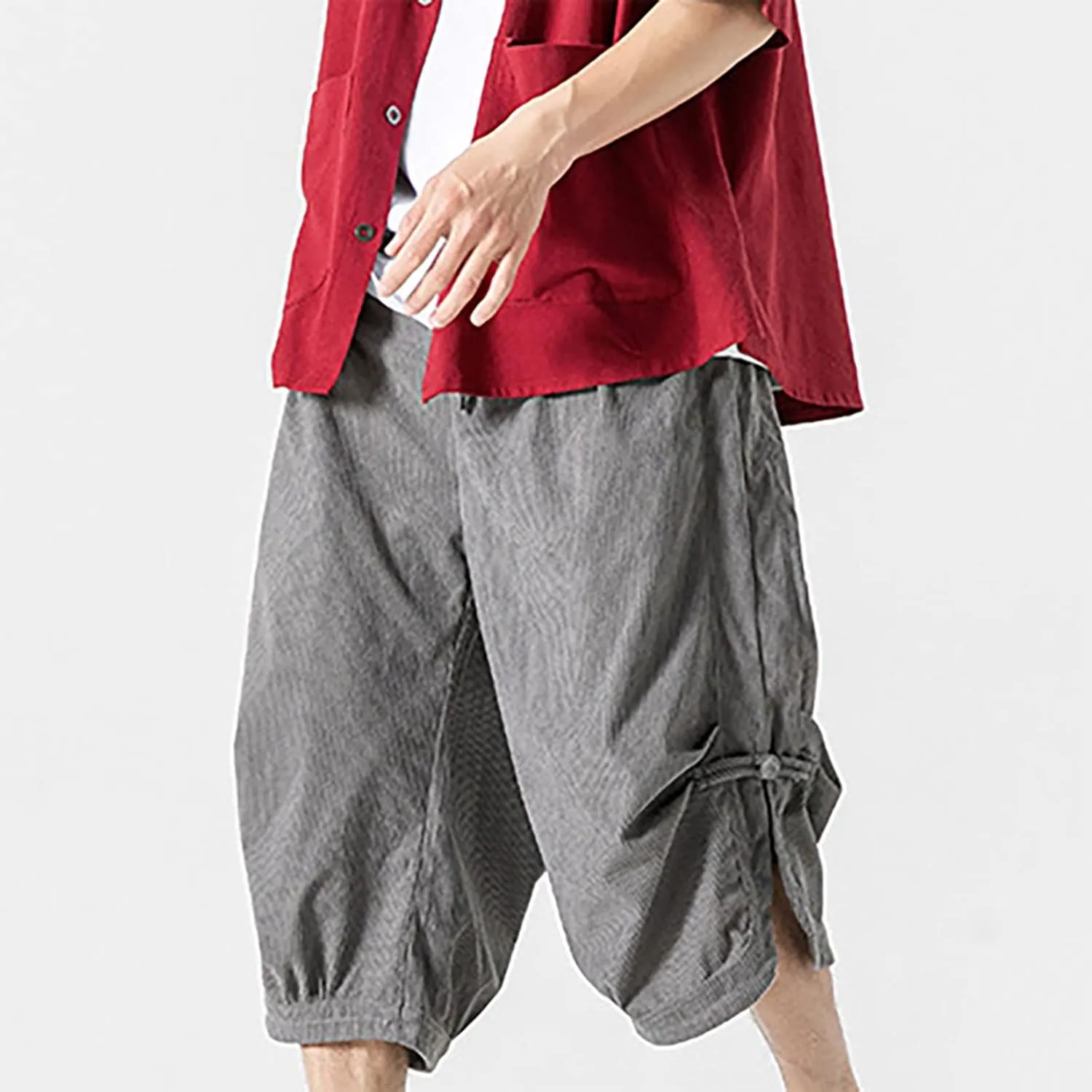 Mens Linen Casual Pants Elastic Waist Drawstring Trousers Yoga Beach Summer Pants below Knee Shorts Jogger Mens Capri Pants