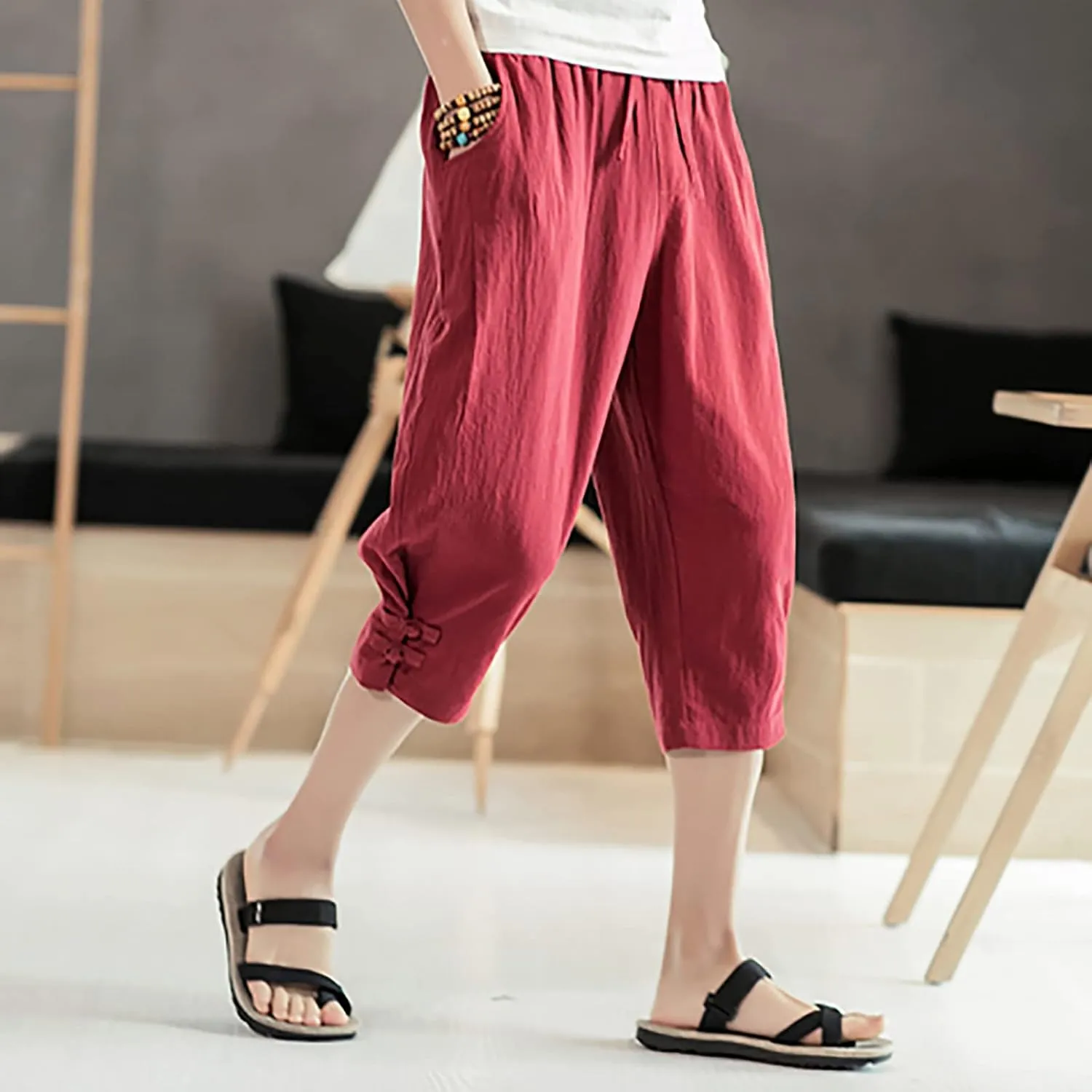 Men's Linen Harem Capri Pants Casual Lightweight Drawstring Yoga Pants Baggy 3/4 Beach Trousers Baggy Harem Pants Capri Pants