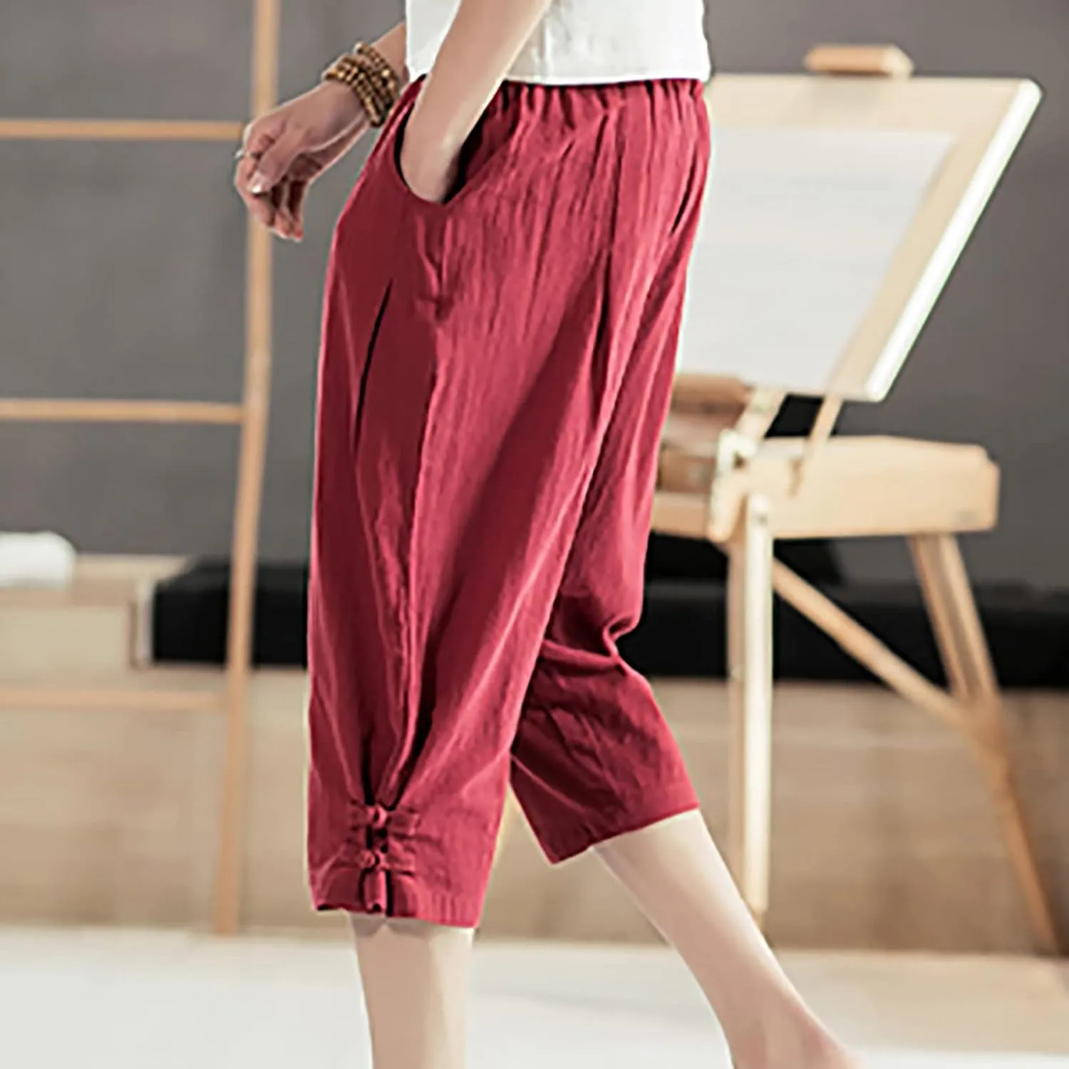 Men's Linen Harem Capri Pants Casual Lightweight Drawstring Yoga Pants Baggy 3/4 Beach Trousers Baggy Harem Pants Capri Pants