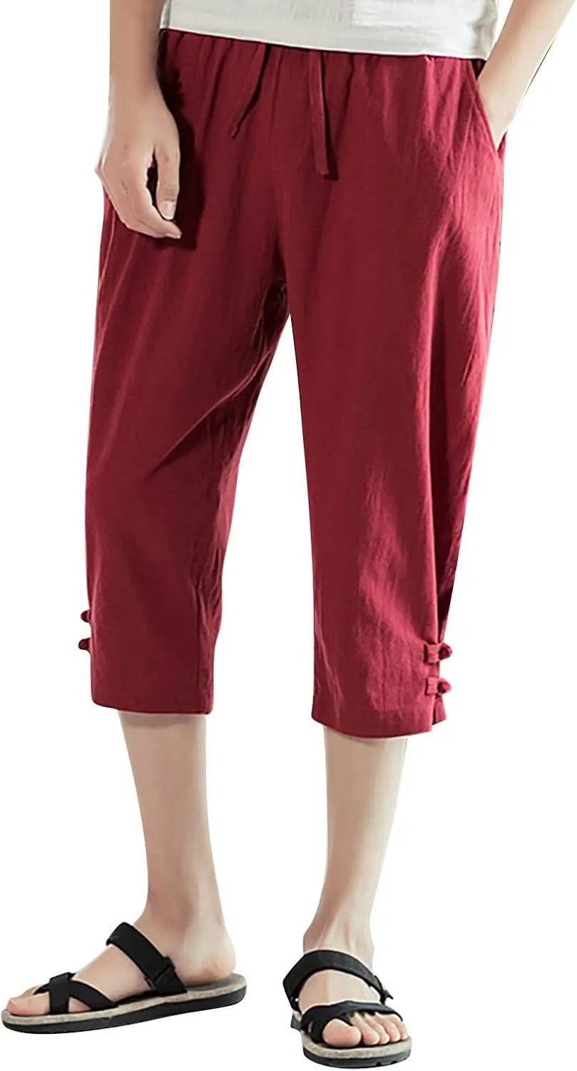 Men's Linen Harem Capri Pants Casual Lightweight Drawstring Yoga Pants Baggy 3/4 Beach Trousers Baggy Harem Pants Capri Pants