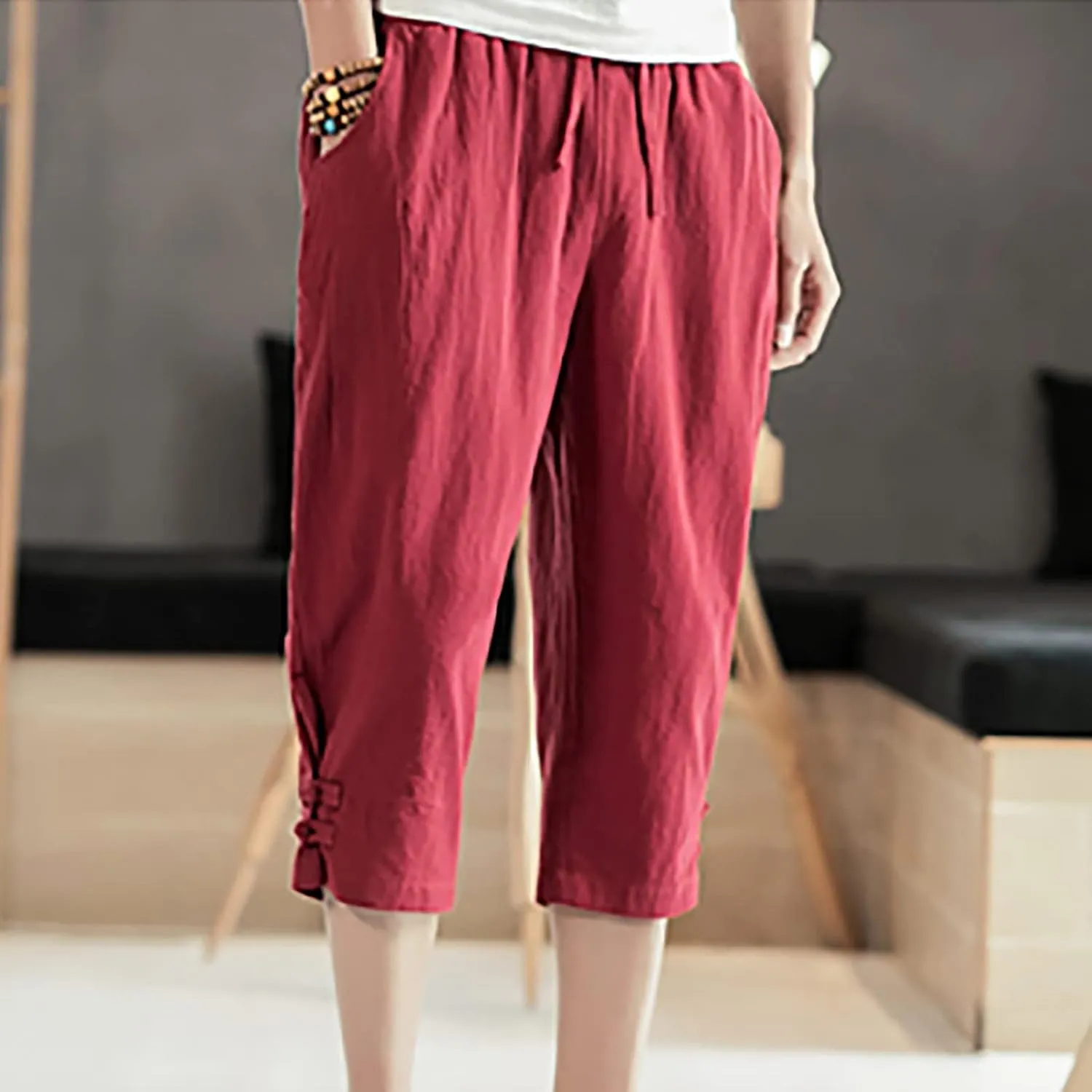 Men's Linen Harem Capri Pants Casual Lightweight Drawstring Yoga Pants Baggy 3/4 Beach Trousers Baggy Harem Pants Capri Pants