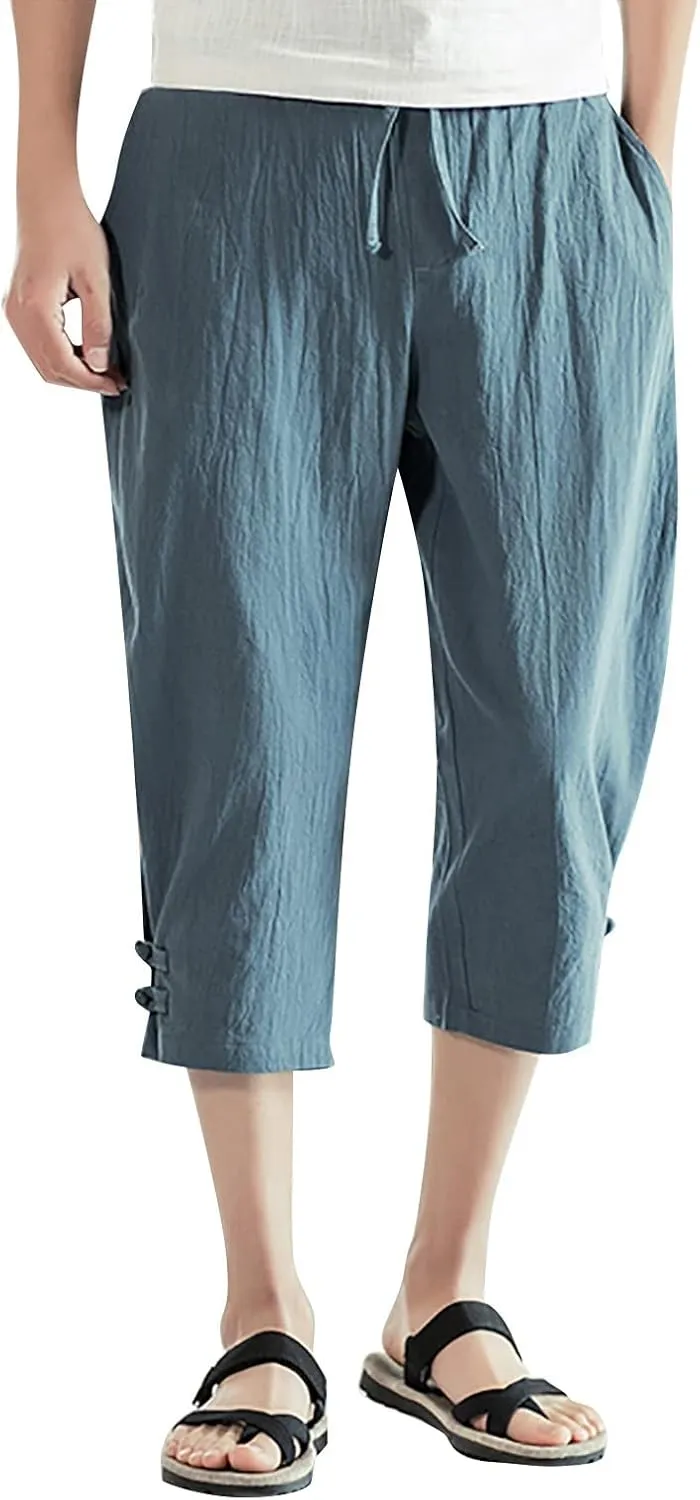 Men's Linen Harem Capri Pants Casual Lightweight Drawstring Yoga Pants Baggy 3/4 Beach Trousers Baggy Harem Pants Capri Pants