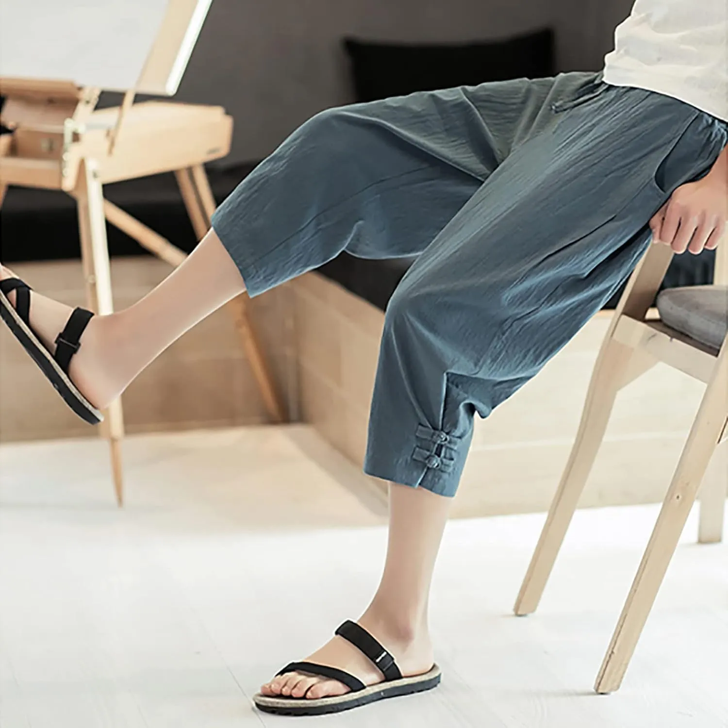 Men's Linen Harem Capri Pants Casual Lightweight Drawstring Yoga Pants Baggy 3/4 Beach Trousers Baggy Harem Pants Capri Pants