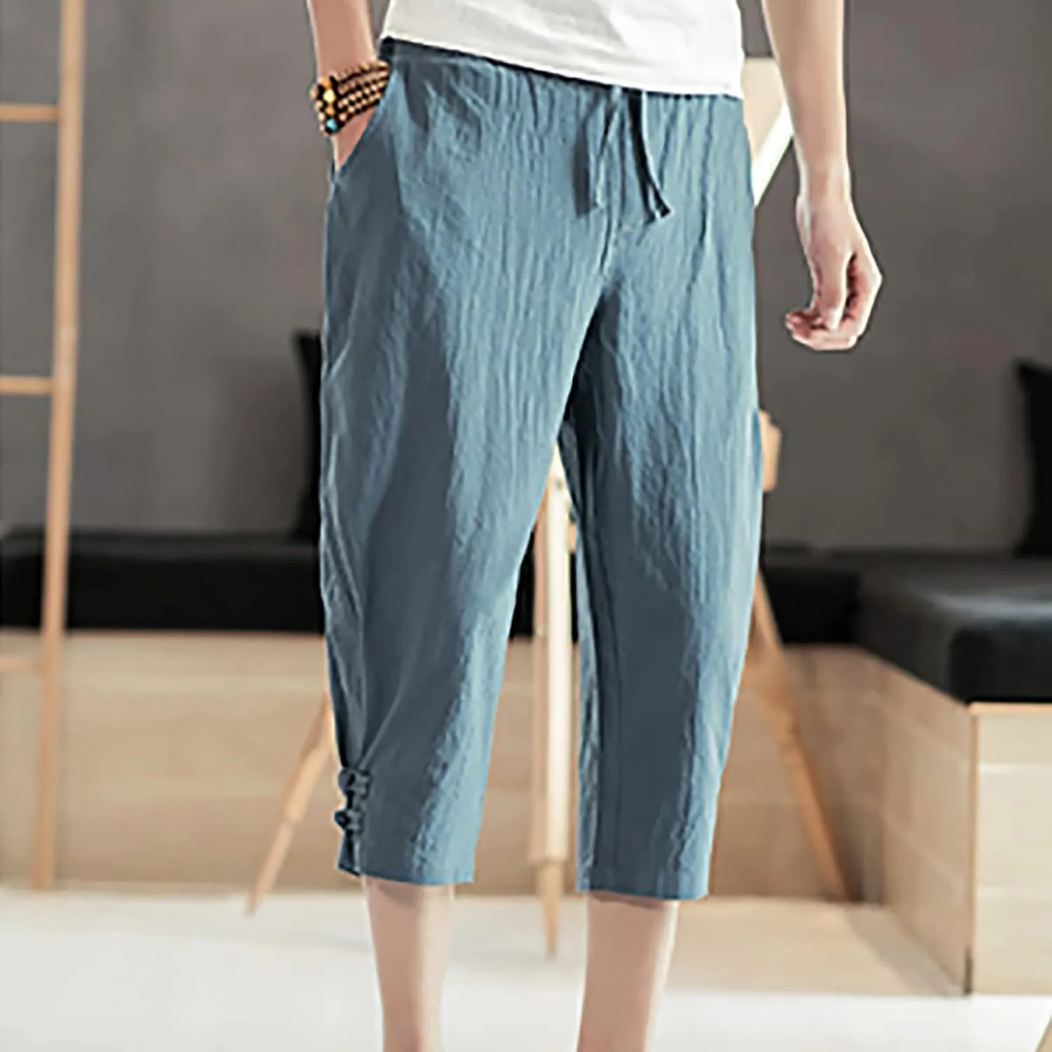 Men's Linen Harem Capri Pants Casual Lightweight Drawstring Yoga Pants Baggy 3/4 Beach Trousers Baggy Harem Pants Capri Pants