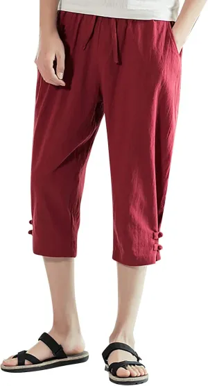 Men's Linen Harem Capri Pants Casual Lightweight Drawstring Yoga Pants Baggy 3/4 Beach Trousers Baggy Harem Pants Capri Pants