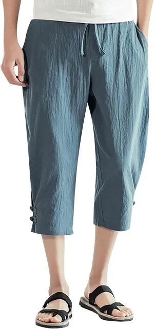 Men's Linen Harem Capri Pants Casual Lightweight Drawstring Yoga Pants Baggy 3/4 Beach Trousers Baggy Harem Pants Capri Pants