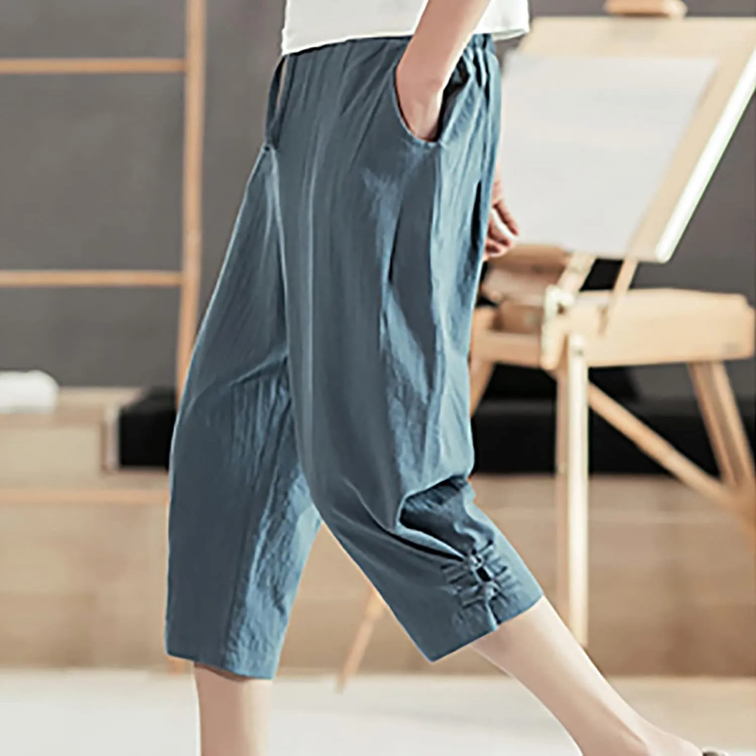 Men's Linen Harem Capri Pants Casual Lightweight Drawstring Yoga Pants Baggy 3/4 Beach Trousers Baggy Harem Pants Capri Pants