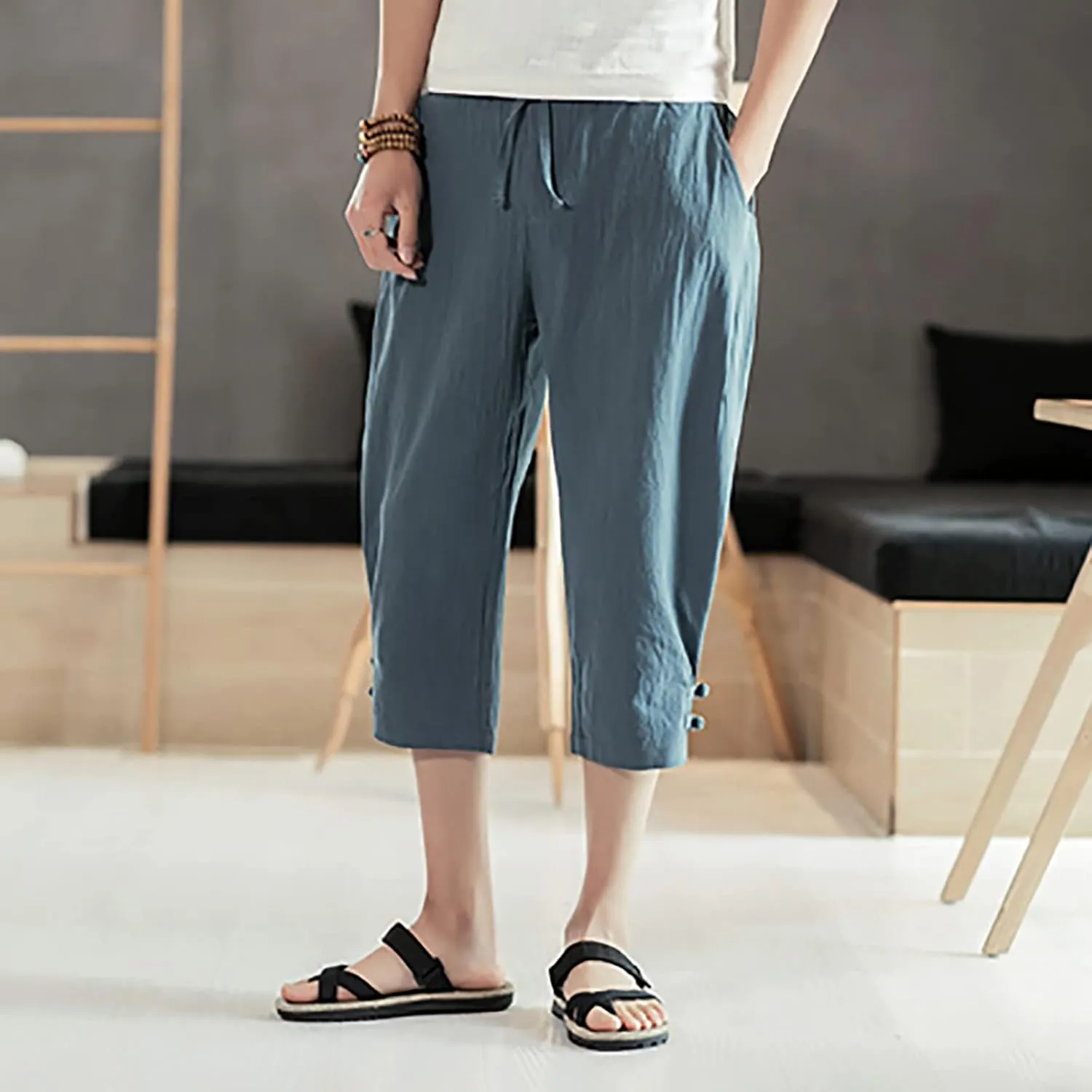 Men's Linen Harem Capri Pants Casual Lightweight Drawstring Yoga Pants Baggy 3/4 Beach Trousers Baggy Harem Pants Capri Pants