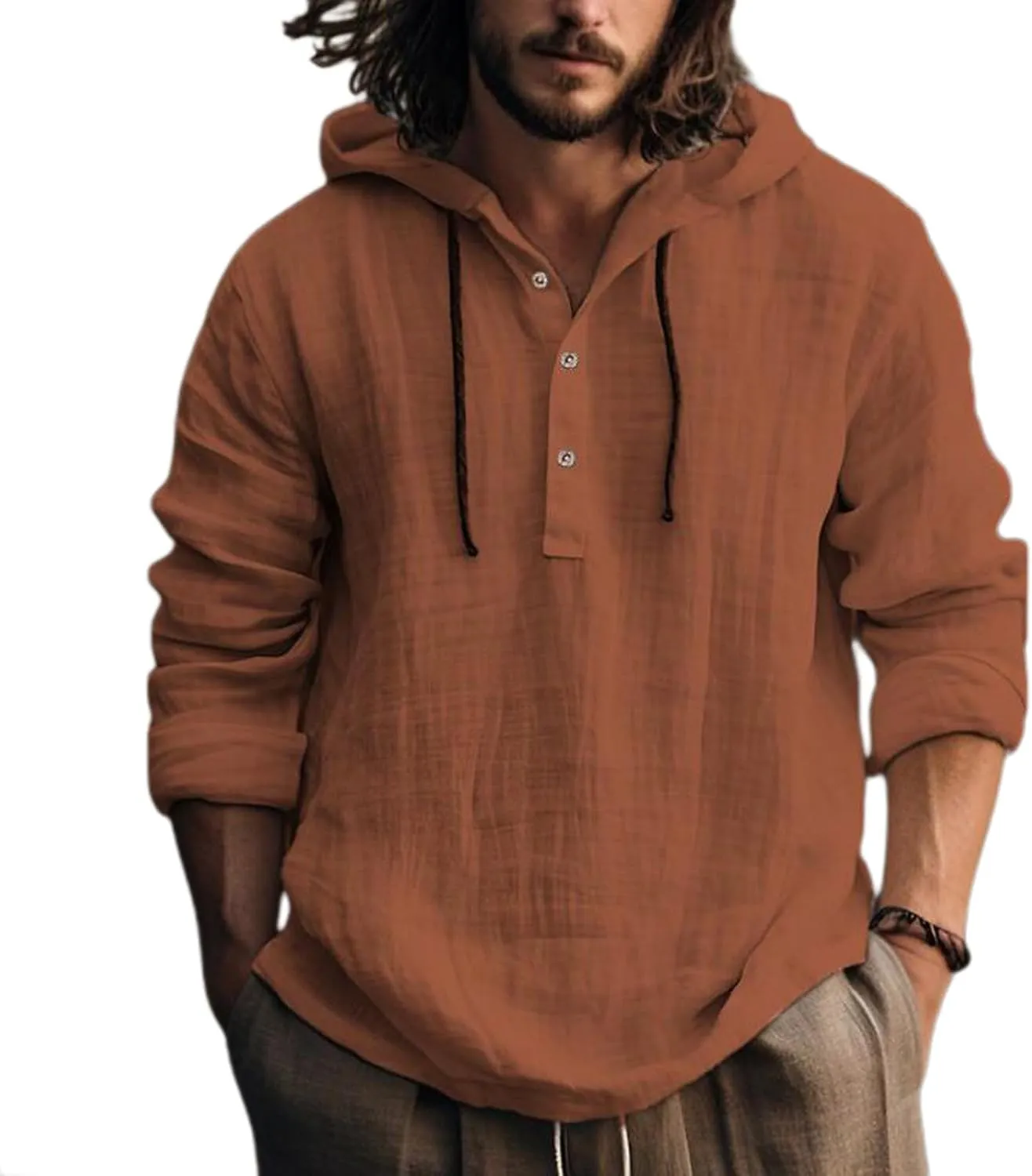 Mens Long Sleeve Linen Shirts with Hood V Neck Long Sleeve Lace Up Hooded Sweatshirts Breathable Tropical Beach Hoodie