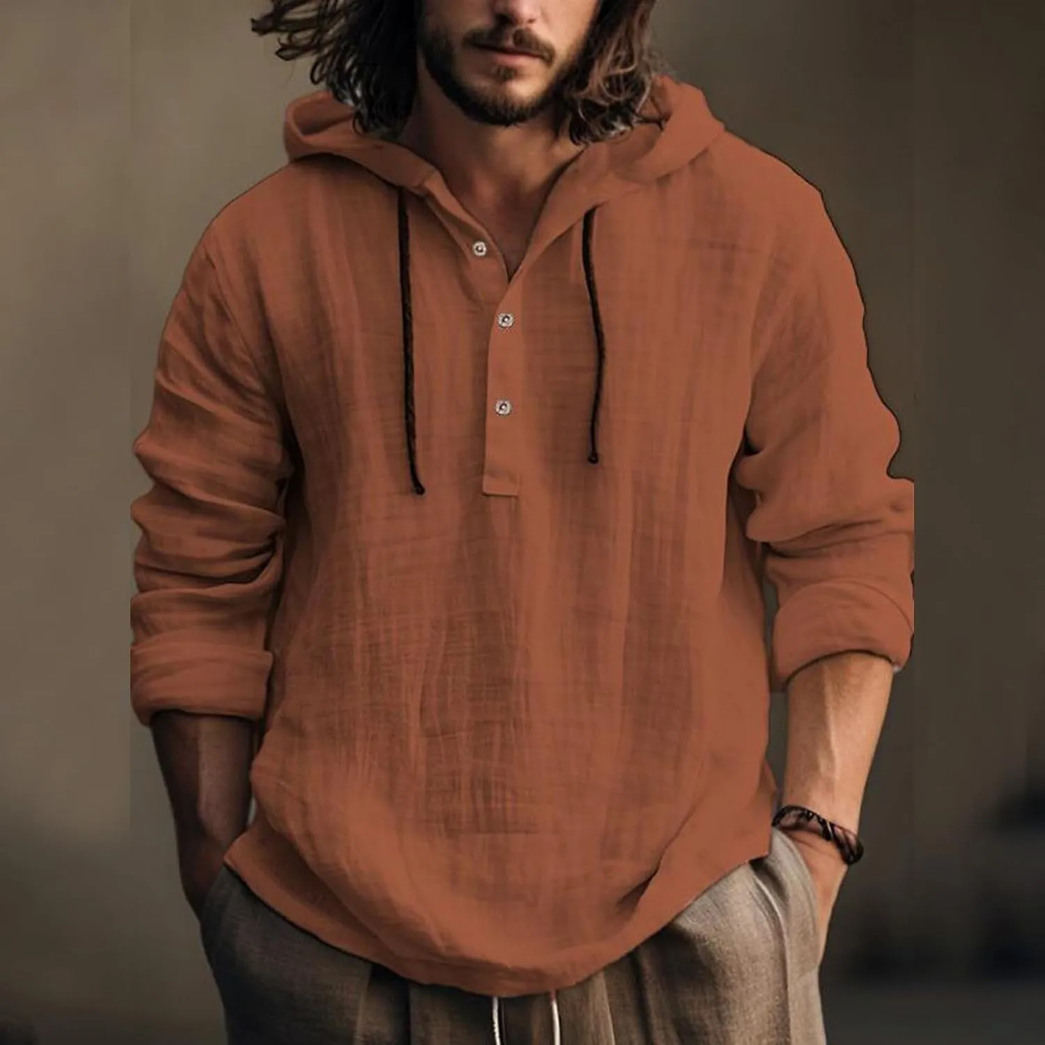Mens Long Sleeve Linen Shirts with Hood V Neck Long Sleeve Lace Up Hooded Sweatshirts Breathable Tropical Beach Hoodie