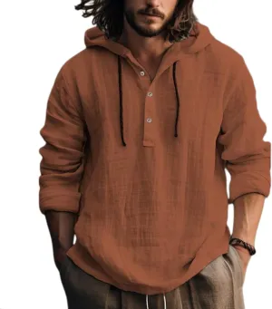 Mens Long Sleeve Linen Shirts with Hood V Neck Long Sleeve Lace Up Hooded Sweatshirts Breathable Tropical Beach Hoodie
