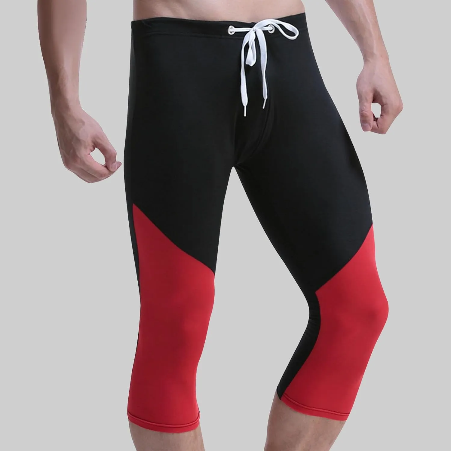 Men's Quick-Dry Compression Capris Pants, Workout Running Leggings with Pouch, Colorblock Workout Tights Base Layer