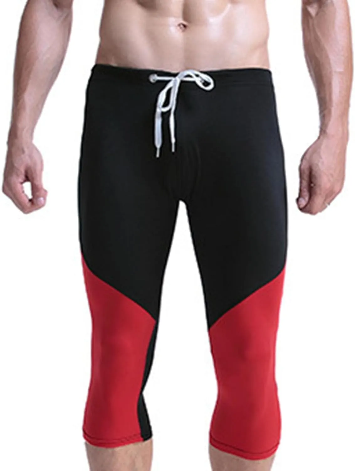 Men's Quick-Dry Compression Capris Pants, Workout Running Leggings with Pouch, Colorblock Workout Tights Base Layer