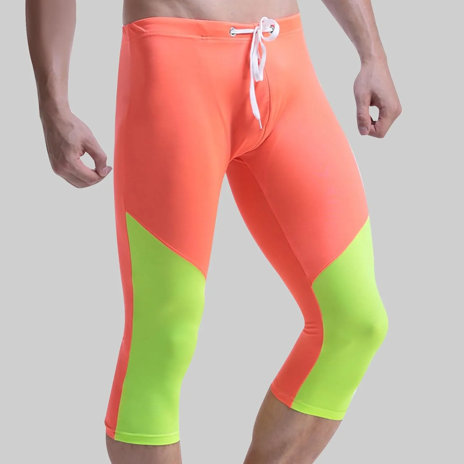 Men's Quick-Dry Compression Capris Pants, Workout Running Leggings with Pouch, Colorblock Workout Tights Base Layer