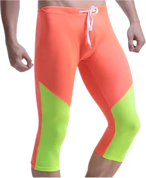 Men's Quick-Dry Compression Capris Pants, Workout Running Leggings with Pouch, Colorblock Workout Tights Base Layer