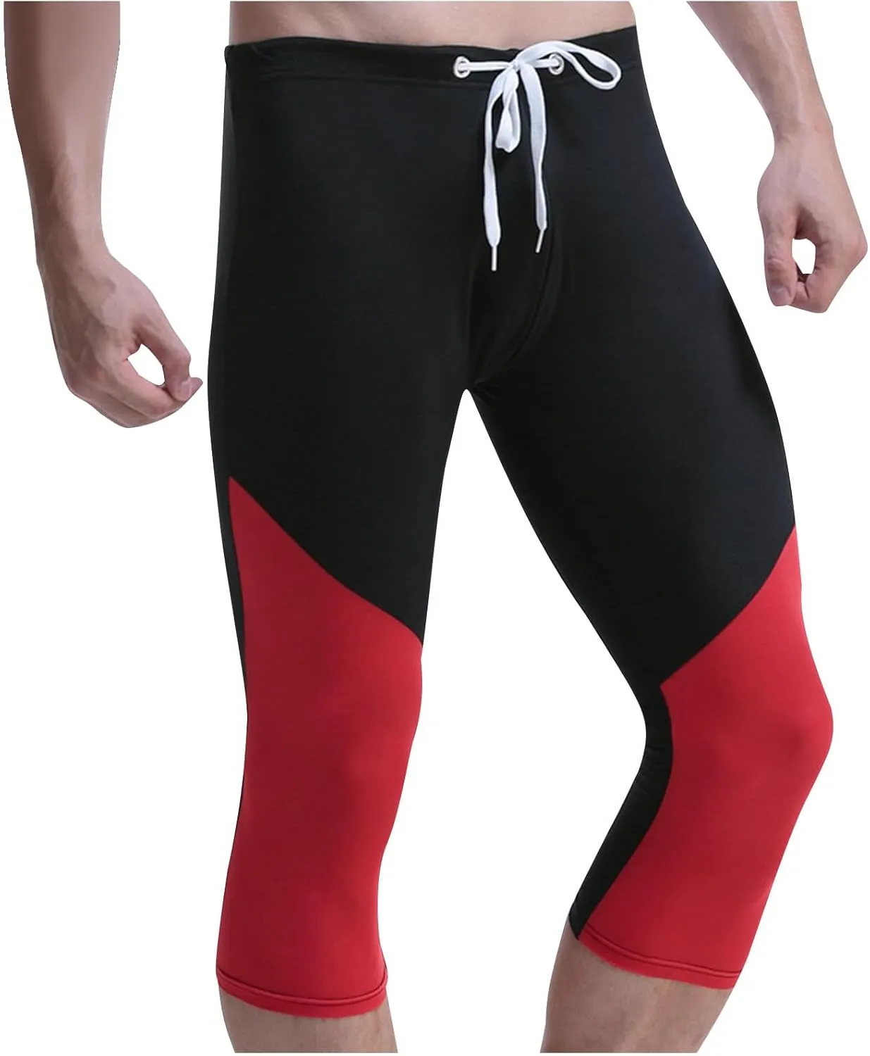 Men's Quick-Dry Compression Capris Pants, Workout Running Leggings with Pouch, Colorblock Workout Tights Base Layer
