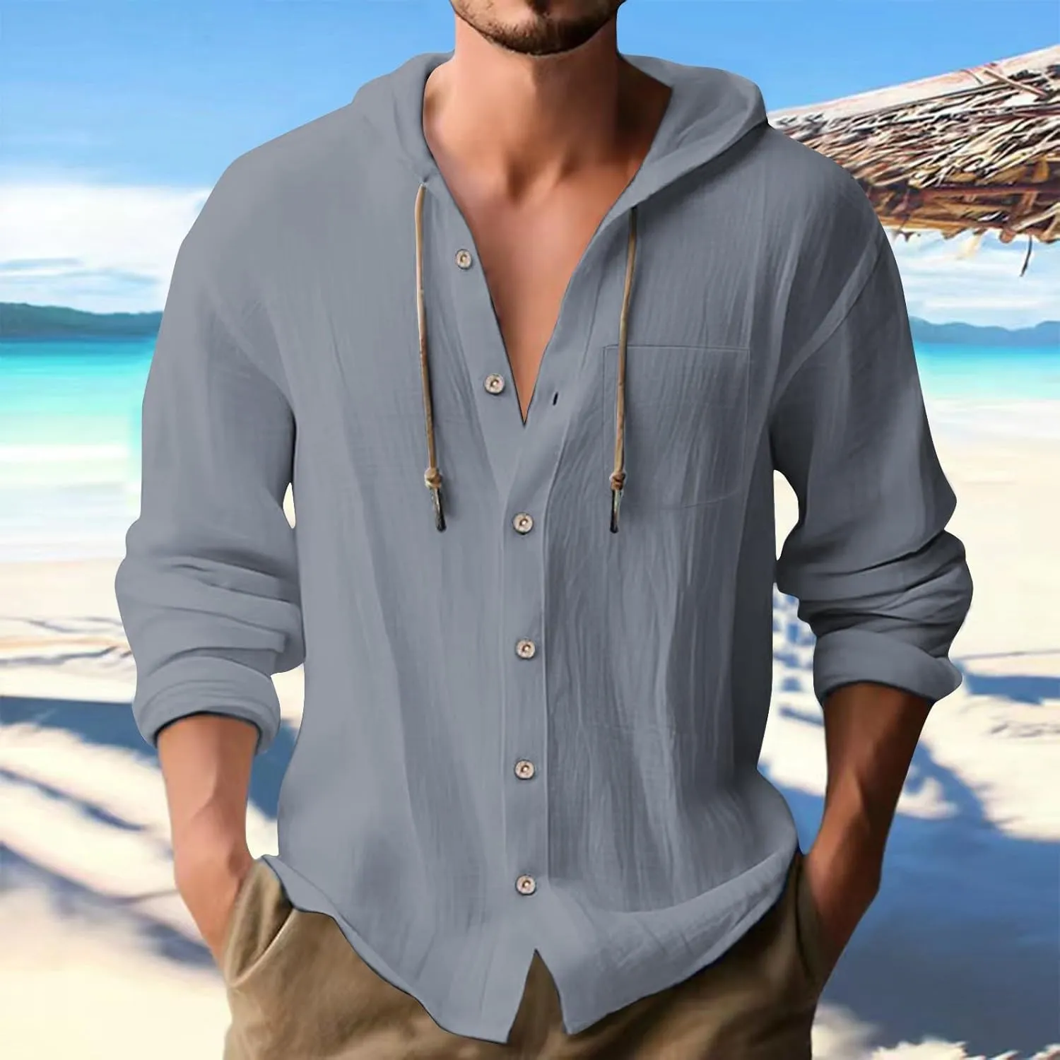 Men's Summer Linen Hoodies Lightweight Drying Tropical Beach Holiday Hippie Shirts Stylish Long Sleeve Cotton T-Shirts