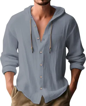 Men's Summer Linen Hoodies Lightweight Drying Tropical Beach Holiday Hippie Shirts Stylish Long Sleeve Cotton T-Shirts
