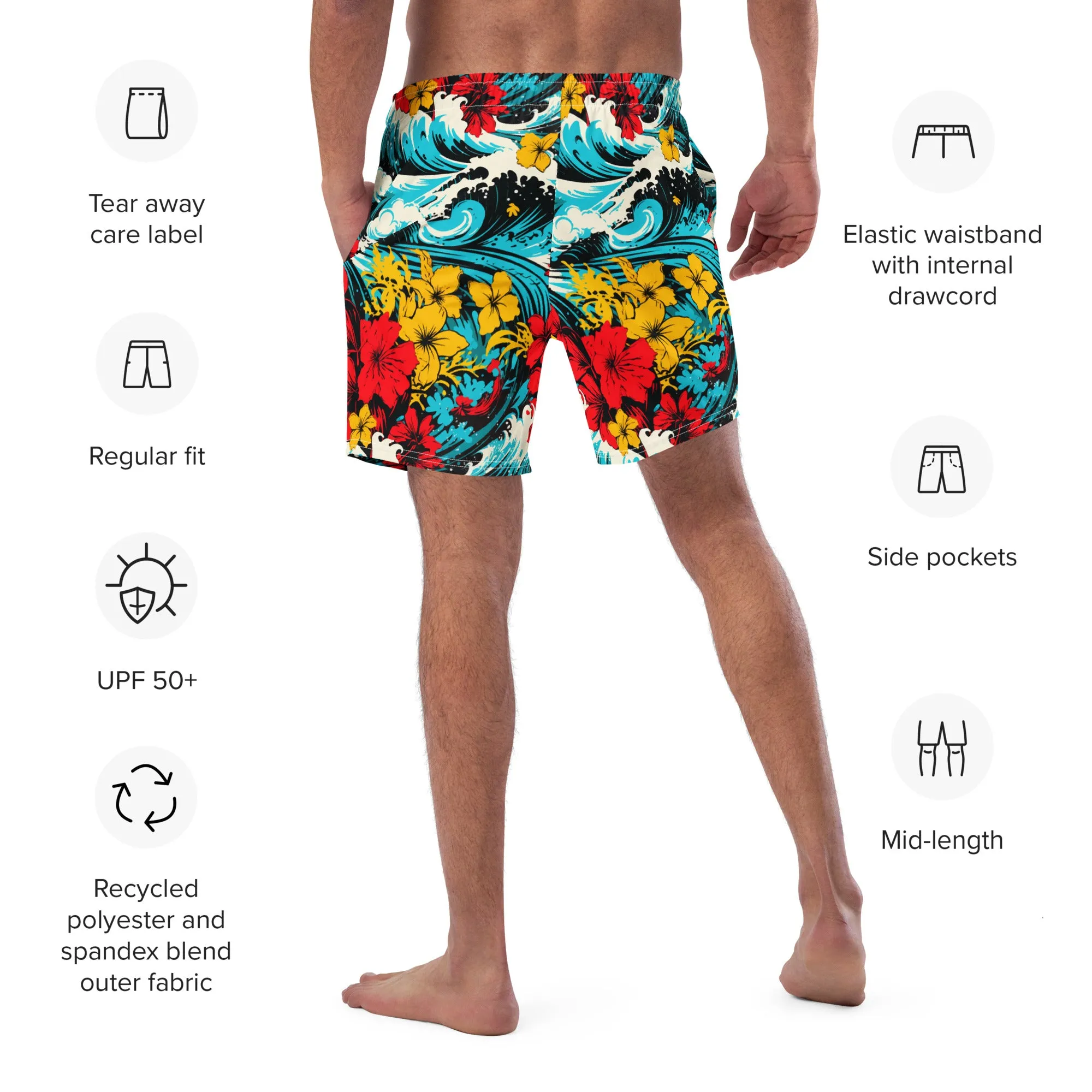 Men's Swim Trunks - Waves and Flowers 001