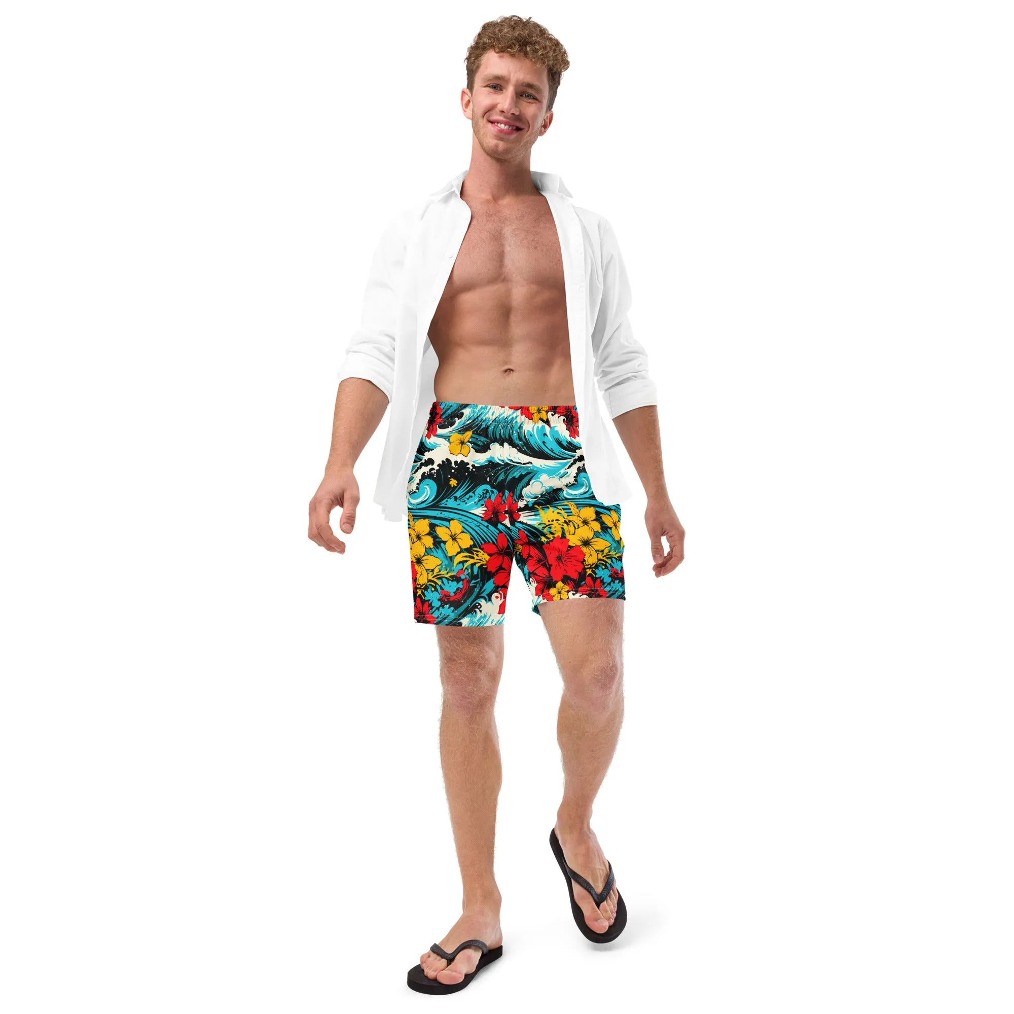 Men's Swim Trunks - Waves and Flowers 001
