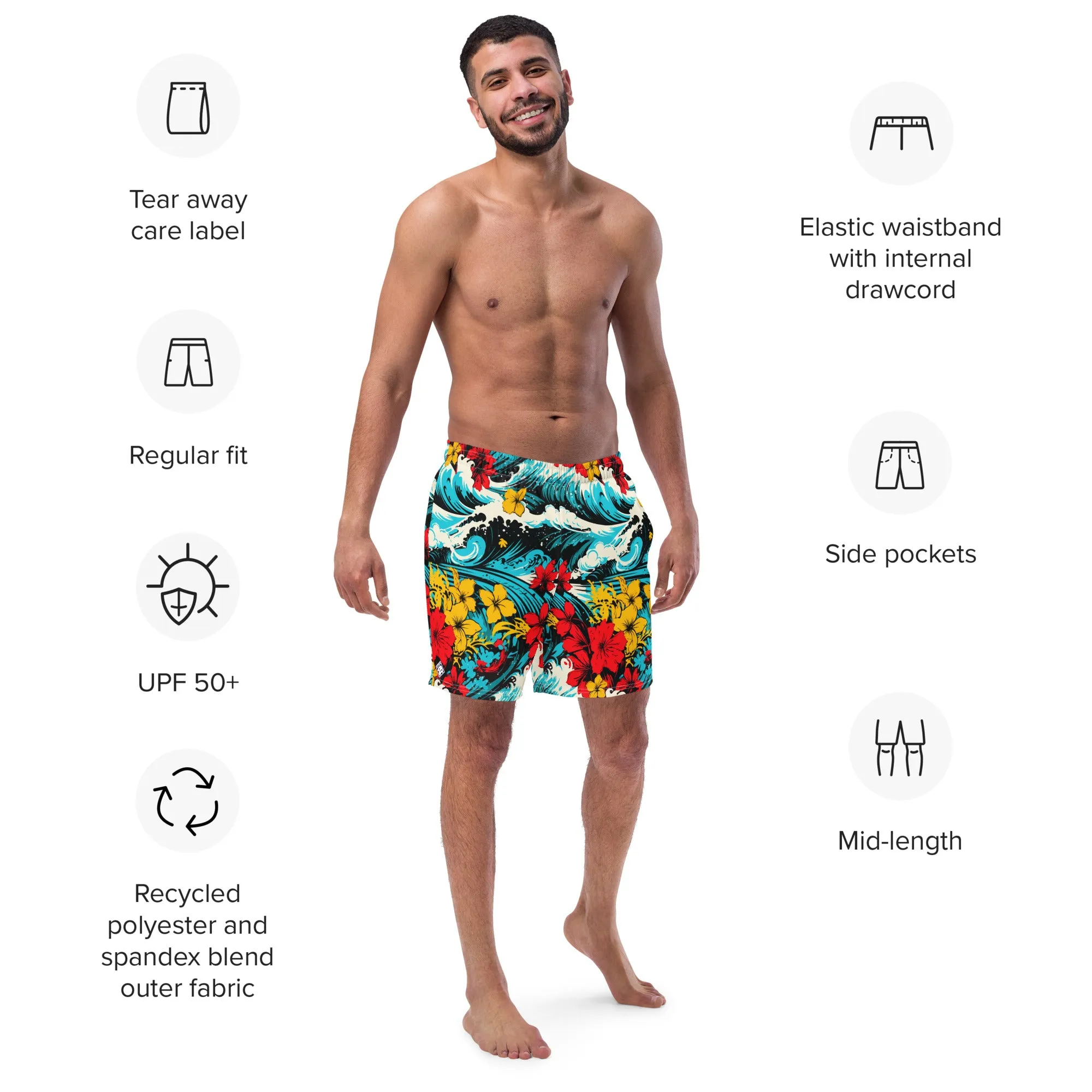 Men's Swim Trunks - Waves and Flowers 001